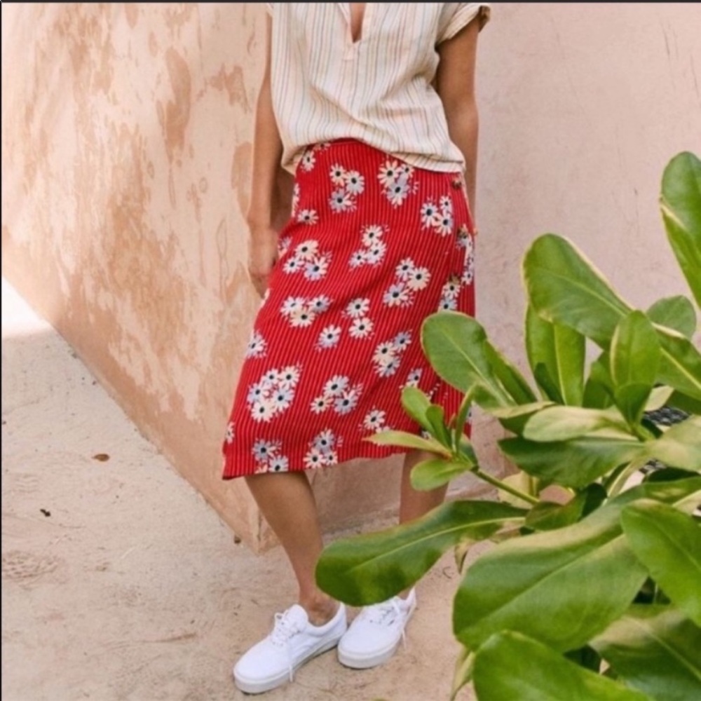 Madewell Red White Blue Pinstripe Floral Midi Skirt